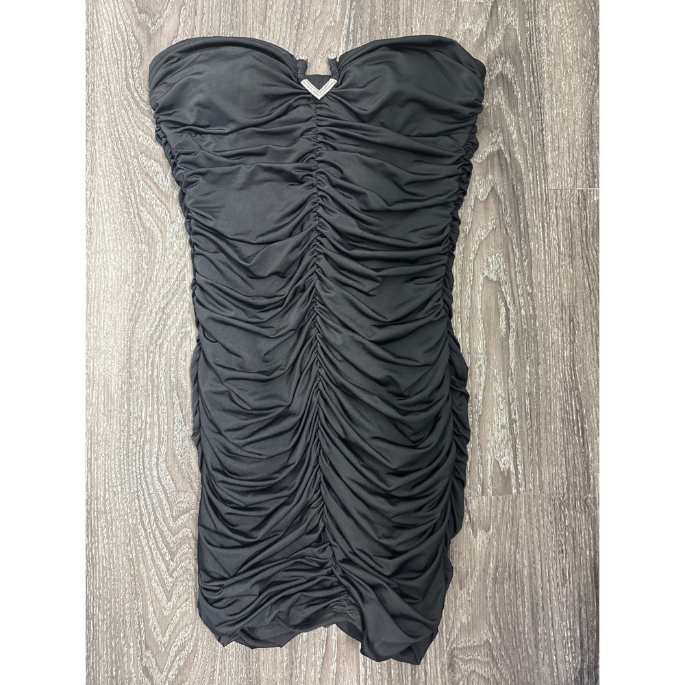Black Strapless Ruched Bodycon Mini Dress Sweetheart Rhinestone V Small Y2K
